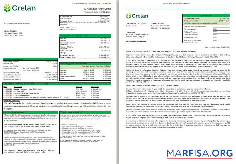 Printable Belgium Crelan bank mortgage statement, 3 pages, 1 2 scr sample
